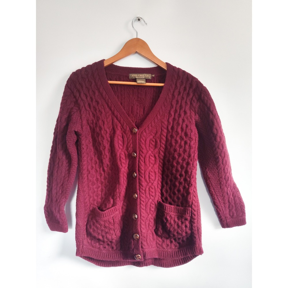 Inis Crafts Cardigan Large 100% Merino Wool Irish Sweater Cable Knit Burgundy